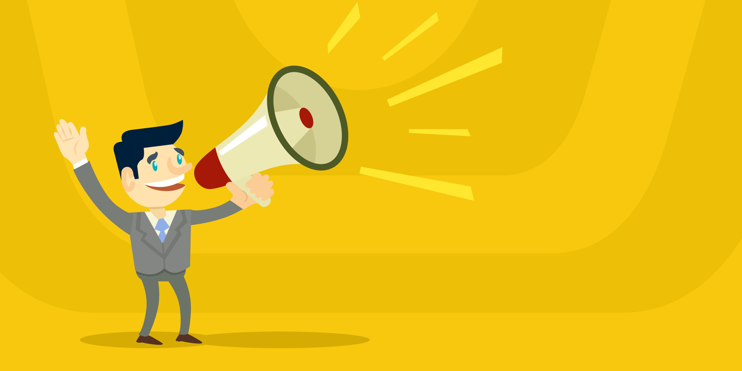 46905425 – business man speaking through megaphone. vector flat illustration