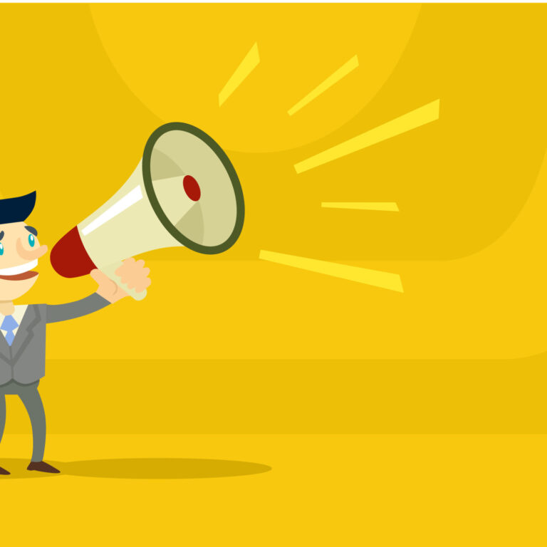 46905425 – business man speaking through megaphone. vector flat illustration